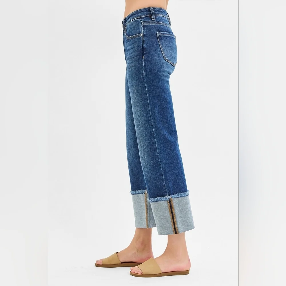 Risen Mid Rise Dark Wash Slim Wide Leg Wide Cuff Denim Jeans Stretch Various NEW - Picture 6 of 11